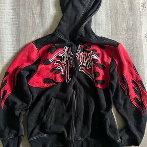 Black Hoodie with Red Flame Appliqué